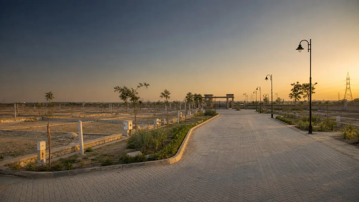Developed residential plots with internal road, streetlights and marked boundaries